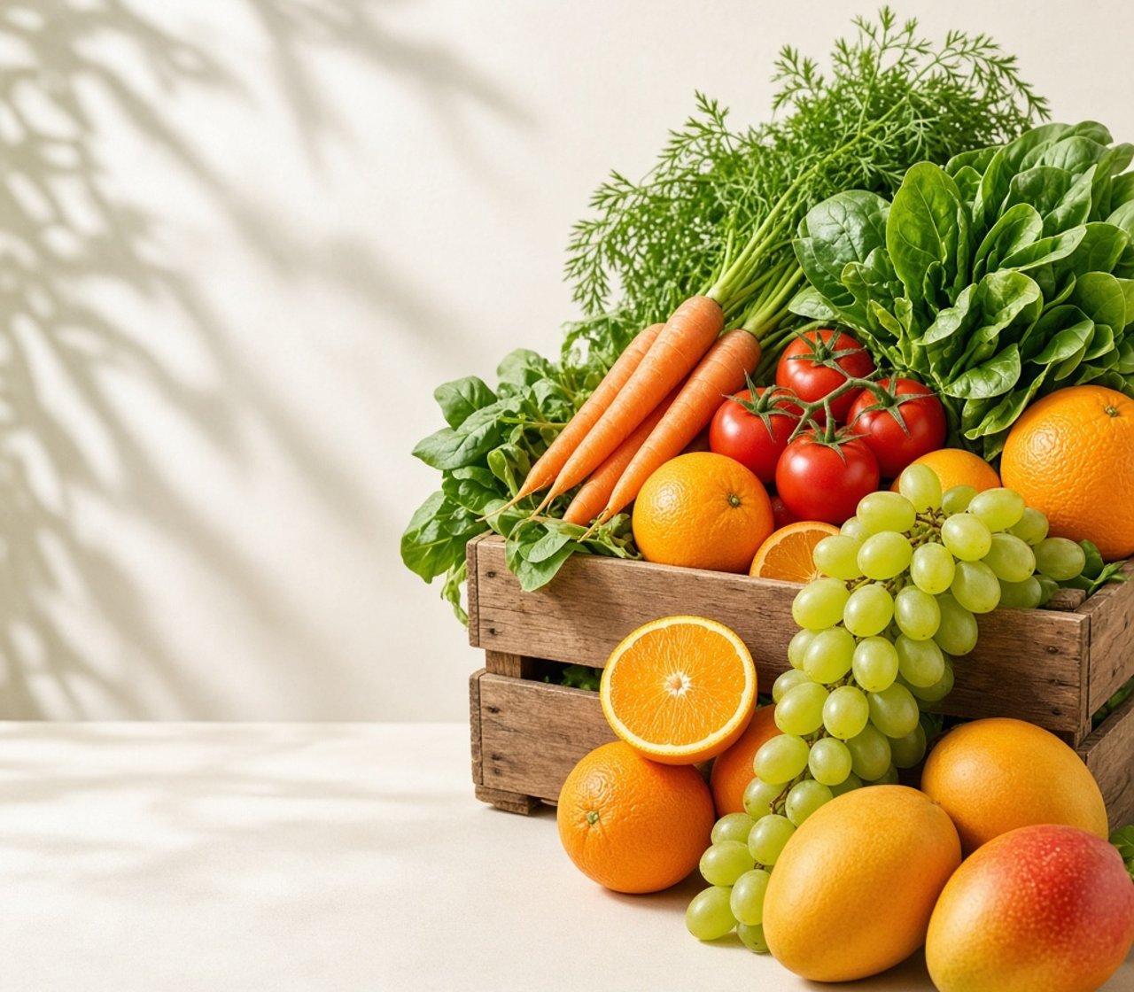 Caixote de madeira com frutas, legumes e verduras frescos